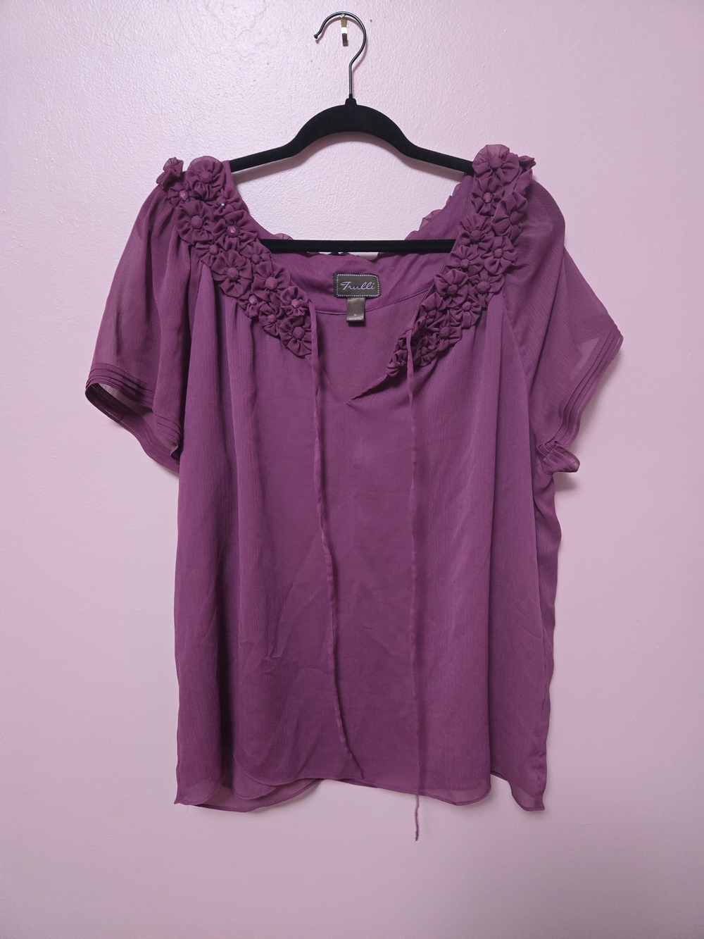 Fuchsia Floral-Trim Short Sleeve Blouse
